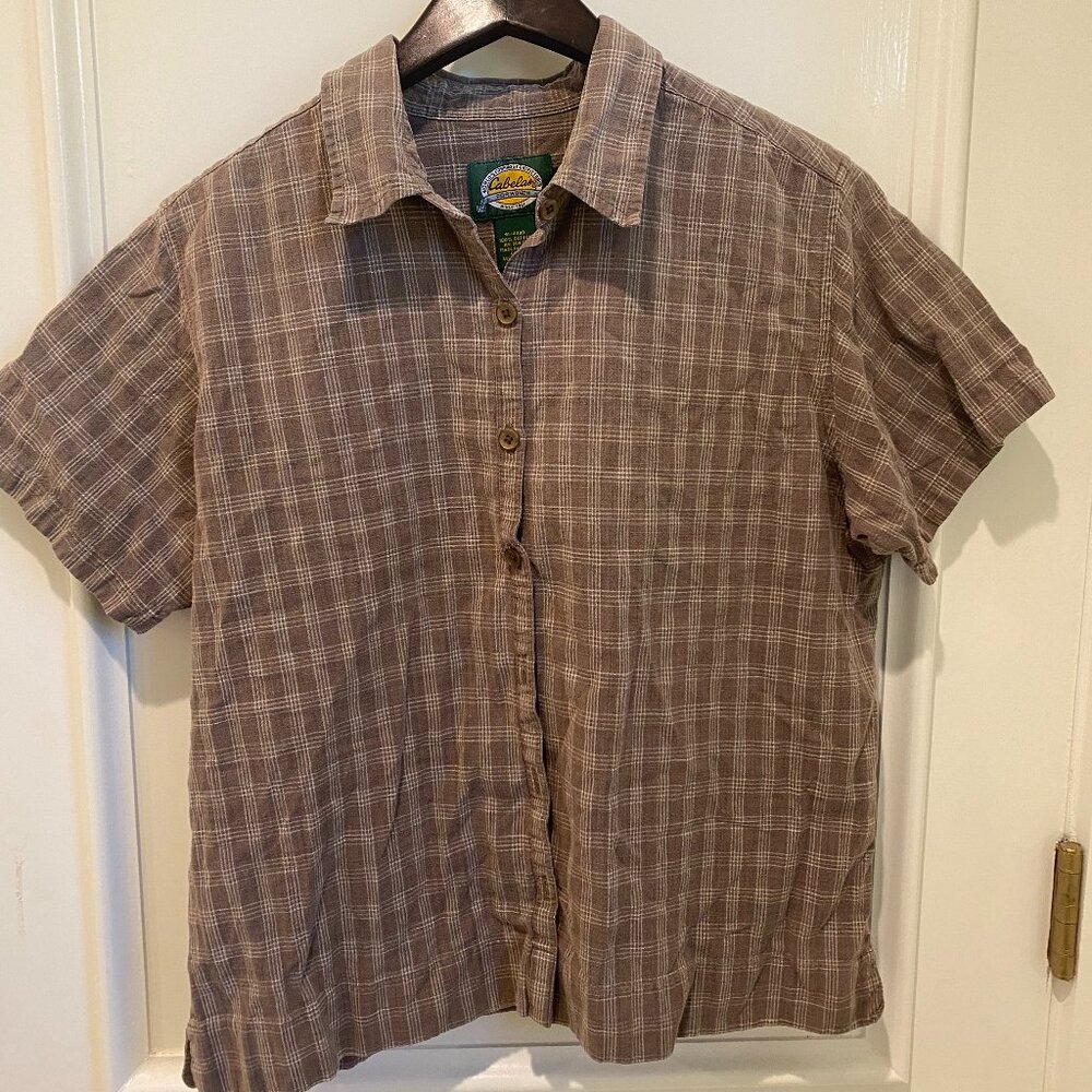 cabela's brown plaid short sleeve button down shirt